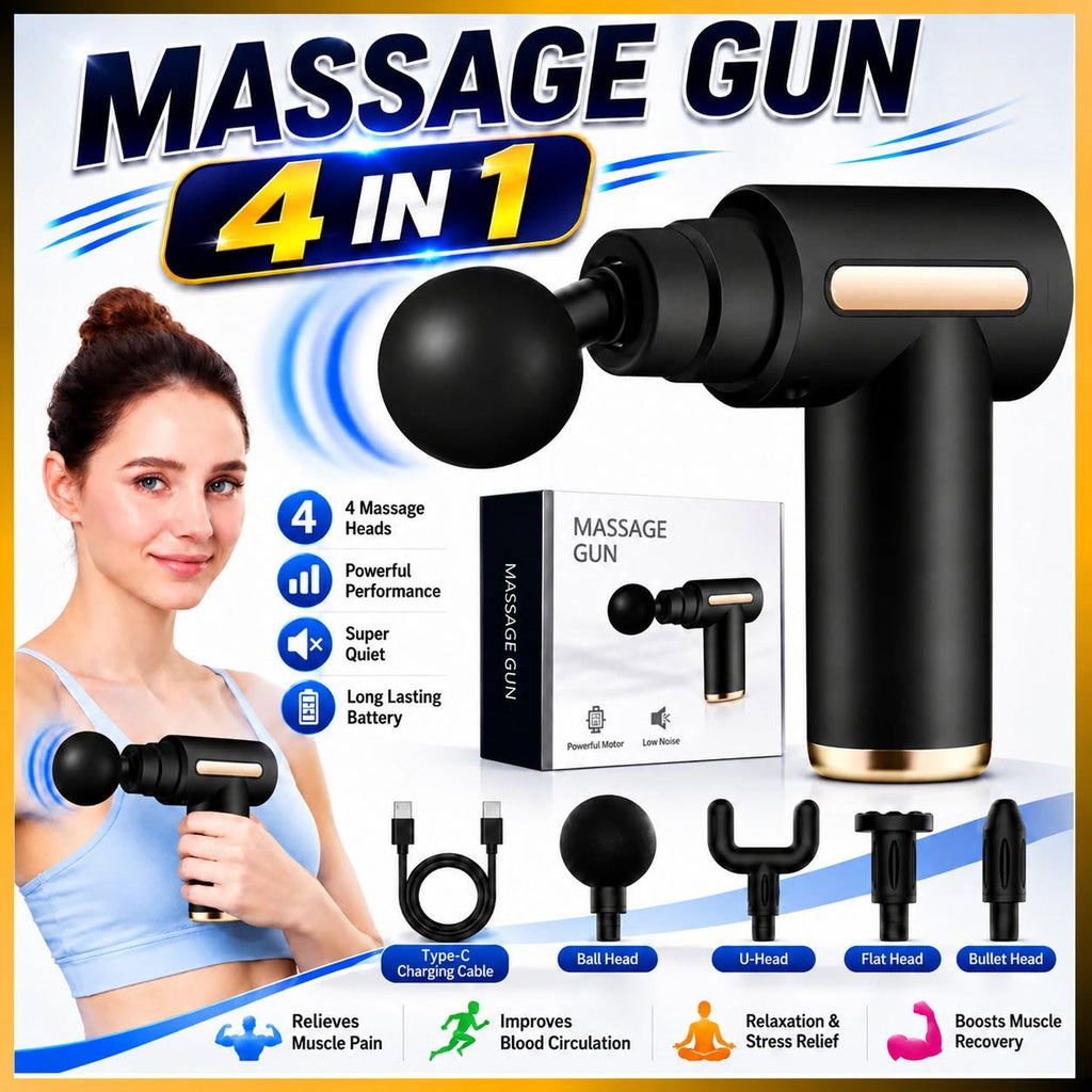 4-in-1 Massage Gun | Deep Tissue Percussion Massager with 4 Attachments | Handheld Electric Muscle Therapy Device #MassageGun #massage #massagetherapist #painrelief #bestmassagetherapist #massager